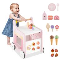 2-In-1 Houten Loopwagen Peuterloopwagen met Ijs Glijbanen Doolhof Bord en Lepel Montessori-Activiteitencentrum voor Kinderen 1+-Roze