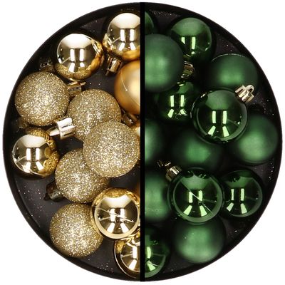 36x stuks kunststof kerstballen goud en donkergroen 3 en 4 cm