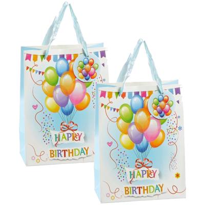 Cepewa verjaardag giftbags/cadeau tasjes - 2x - blauw - happy birthday - ballonnen - 17 x 23 x 9 cm