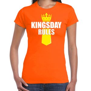 Koningsdag t-shirt Kingsday Rules met kroontje oranje voor dames