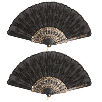 Boland Spaanse handwaaier - 2x - zwart - kunststof/polyester - 42 x 24 cm