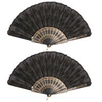 Boland Spaanse handwaaier - 2x - zwart - kunststof/polyester - 42 x 24 cm