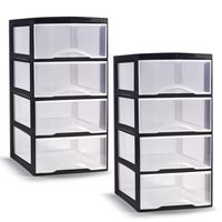 Ladeblokje/bureau organizer - 2x stuks - 4 lades - transparant/zwart - L18 x B25 x H33 cm - plastic