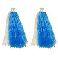 6x Stuks cheerball/pompom - blauw/wit - met ringgreep - 33 cm - Cheerleader verkleed accessoires