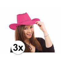 3x Voordelige roze cowboy hoeden met stiksels - thumbnail