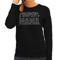 Glitter Super Mama sweater zwart Moederdag cadeau rhinestones steentjes voor dames - thumbnail
