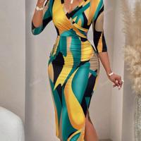 Women's Wave Print Ruched Bodycon Dress - Elegant V-Neck Midi Yellow / S