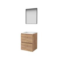 Basic-Line Framed 46 Badkamermeubelset - 50 x 46 cm - Greeploos - 2 Lades - Acryl Wastafel - 1 Kraangat - Spiegel met Zwart Aluminium Frame - Whisky Oak