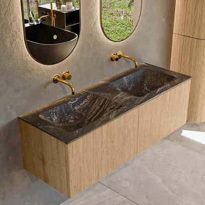 Mondiaz KURVE-DLUX 130 cm Onderkast Greeploos 2 Lades Zonder Deuren Oak, Wastafel Solid Surface Dubbel Lava 0 Kraangaten Zonder Spiegel (KRVLEA1302L0D0KD-Oak/Lav)