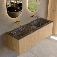 Mondiaz KURVE-DLUX 130 cm Onderkast Greeploos 2 Lades Zonder Deuren Oak, Wastafel Solid Surface Dubbel Lava 0 Kraangaten Zonder Spiegel (KRVLEA1302L0D0KD-Oak/Lav)
