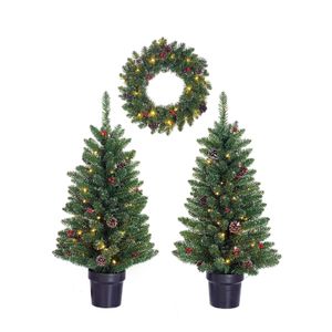 Kerst voordeur versiering kerstbomen en kerstkrans set met licht en versiering 90 x 43 cm