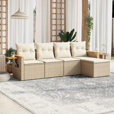 5-delige Loungeset met kussens poly rattan beige