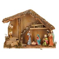 Complete kerststal met 9x st kerststal beelden - 39 x 19 x 28 cm - hout/polyresin - thumbnail
