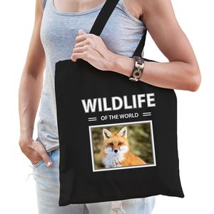 Katoenen tasje Vossen zwart - wildlife of the world Vos cadeau tas