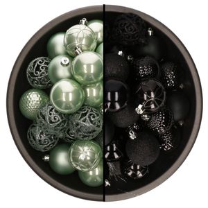 74x stuks kunststof kerstballen mix zwart en mintgroen 6 cm