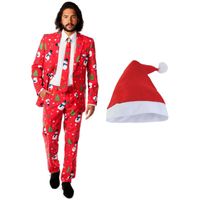 Heren Opposuits Kerst kostuum - rood - met kerstmuts - maat 48 (M) - thumbnail