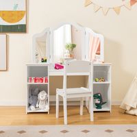 2-In-1 Make-Uptafel voor Kinderen Bureau met Stoel en Afneembare Spiegel Kaptafel voor Meisjes met Vakken Make-Upcommode (Wit)