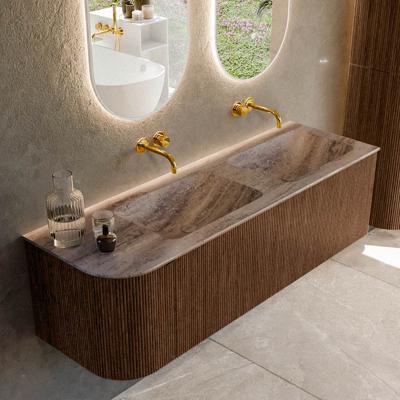 Badmeubel Mondiaz Kurve-Dlux | 145 cm | Meubelkleur Walnut | Wastafelkleur Oza | Solid surface | Dubbel / Rechts spoelbak | Zonder kraangat(en)