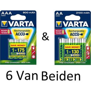 (6 Van Beiden) Varta AA & AAA oplaadbare batterijen Combi aanbieding 800 mAh & 2100 mAh