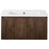 Frozen 3D Badmeubelset 80 cm - Greeplijst in Kleur - Dark Oak - Keramische Wastafel Wit Zonder Kraangat
