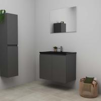 On-Line Badkamermeubelset - 80 cm - Bouwpakket - Greeploze Ladestructuur - Acryl Wastafel - 1 Kraangat - Spiegel - Mat Antraciet