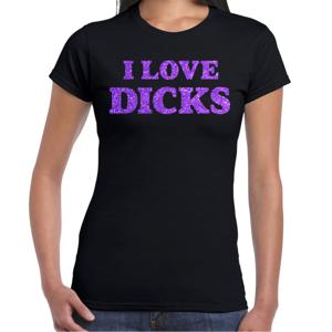 Foute party t-shirt dames - I love dicks - zwart - glitter paars - carnaval/themafeest