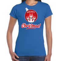 Rendier Kerstbal shirt / Kerst t-shirt Merry Christmas blauw voor dames