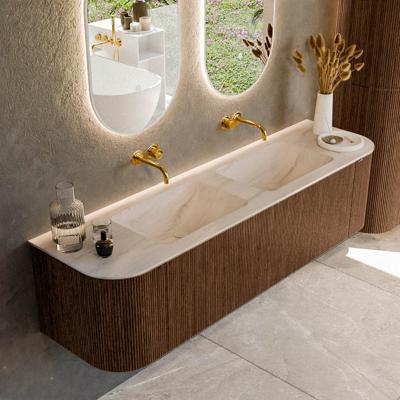 Badmeubel Mondiaz Kurve-Dlux | 170 cm | Meubelkleur Walnut | Wastafelkleur Meli | Solid surface | Wasbak beide zijden spoelbak | Zonder kraangat(en)