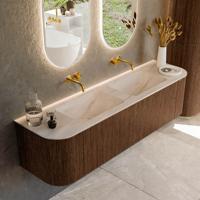 Badmeubel Mondiaz Kurve-Dlux | 170 cm | Meubelkleur Walnut | Wastafelkleur Meli | Solid surface | Wasbak beide zijden spoelbak | Zonder kraangat(en)