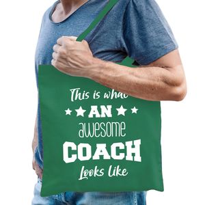 Bellatio Decorations cadeau tas coach - katoen - groen - This is what an awesome coach looks like - Feest Boodschappenta