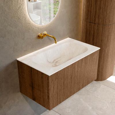 Badmeubel Mondiaz Kurve-Dlux | 80 cm | Meubelkleur Walnut | Wastafelkleur Frappe | Solid surface | Midden spoelbak | Zonder kraangat(en)