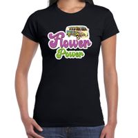 Jaren 60 Flower Power verkleed shirt zwart met hippie busje dames