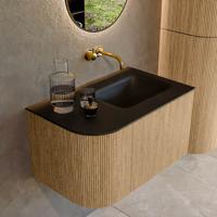 Mondiaz KURVE 75 cm Onderkast Greeploos 1 Lade Met Deuren Oak, Wastafel Solid Surface Rechts Urban 0 Kraangaten Zonder Spiegel (KRVGRU75L1L1D0KR-Oak/Urb)