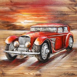 Wandschilderij hout rode Oldtimer