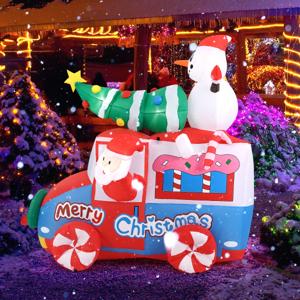 177 cm Opblaasbare Kerstman op een Auto Opblaasbare Decoratie met Kerstman Sneeuwpop Kerstboom en Krans 5 LED's Ingebouwde Ventilator
