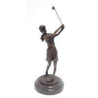 A BRONZE SCULPTURE OF A LADY GOLFER