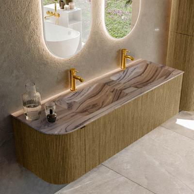 Badmeubel Mondiaz Kurve-Dlux | 145 cm | Meubelkleur Dusk | Wastafelkleur Sombra | Solid surface | Dubbel / Rechts spoelbak | 2 kraangaten