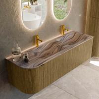 Badmeubel Mondiaz Kurve-Dlux | 145 cm | Meubelkleur Dusk | Wastafelkleur Sombra | Solid surface | Dubbel / Rechts spoelbak | 2 kraangaten
