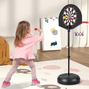 2-In-1 Basketbalring Verstelbare Hoogte 130-180 cm met Dartbord Dubbelzijdig Backboard 6 Darts Binnen/Buiten voor Kinderen