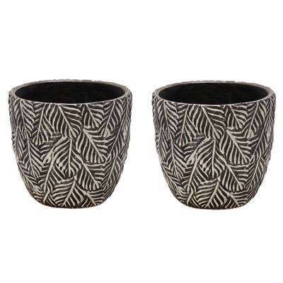 Plantenpot/bloempot - 2x - keramiek - antraciet/zilver - bladmotief - D14 x H13 cm Plantenpot/bloempot - 2x - keramiek - antraciet/zilver - bladmotief - D14 x H13 cm