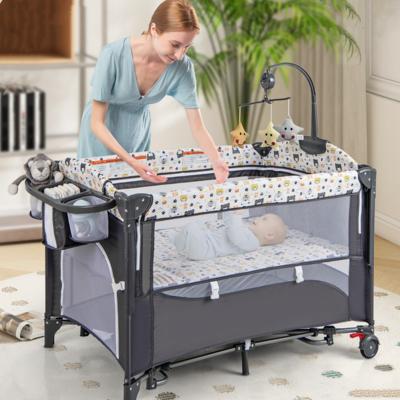 5 in 1 Babybed met Matras & Verschoontafel & Veilgordel & Speelklok & Hangspeelgoed Grijs