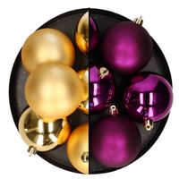 Decoris kerstballen - 12x st - 8 cm - goud en paars - kunststof - Kerstbal