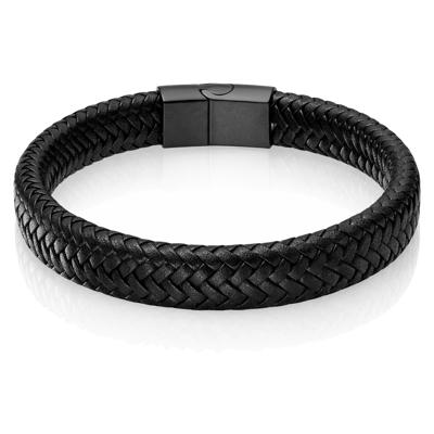 Gevlochten Leren Armband Heren Edelstaal Sluiting Zwart-22cm