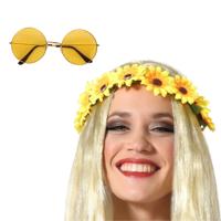 Flower Power verkleed accessoires dames - Bloemen hoofdband - Hippie bril ronde glazen in het geel