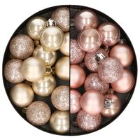 28x stuks kleine kunststof kerstballen lichtroze en champagne 3 cm