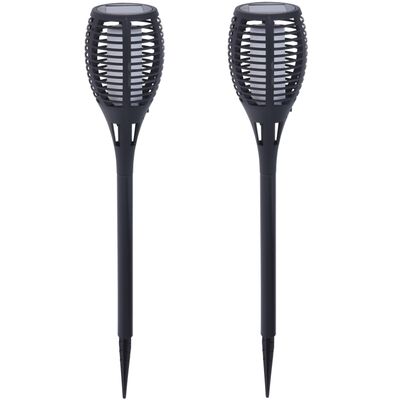 2x Solar fakkels/toortsen zwart met vlam effect op zonne-energie 49 cm tuinverlichting