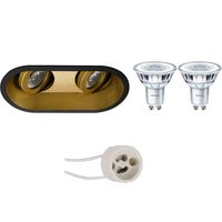 LED Spot Set - Pragmi Zano Pro - GU10 Fitting - Inbouw Ovaal Dubbel - Mat Zwart/Goud - Kantelbaar - 185x93mm - Philips - CorePro 840 36D - 3.5W - Natuurlijk Wit 4000K