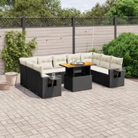 10-delige Loungeset met kussens poly rattan zwart