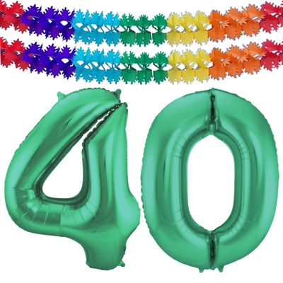 Grote folie ballonnen cijfer 40 in het glimmend groen 86 cm en 2x feestslingers Grote folie ballonnen cijfer 40 in het glimmend groen 86 cm en 2x feestslingers