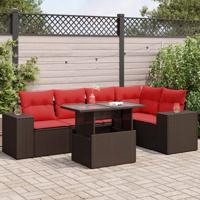 6-delige Loungeset met kussens poly rattan acacia bruin